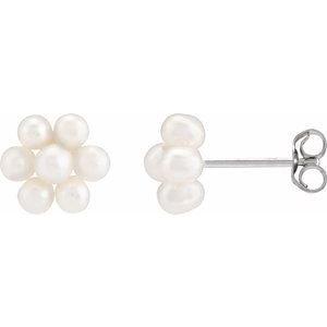 14K White Gold Pearl 3-4 Mm Cultured Freshwater Pearl Flower Earrings