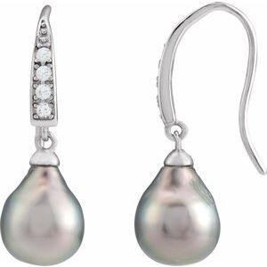 Rhodium-Plated Sterling Silver Pearl 9.0-10.0 Mm Cultured Tahitian Pearl And Natural Imitation Cz Drop Earrings
