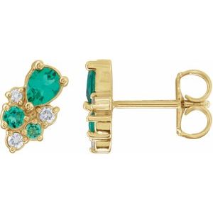 14K Yellow Gold Pear 4 X 3 Mm Lab-Grown Emerald And .07 Ctw Lab-Grown Diamond Cluster Stud Earrings