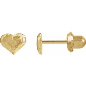 14K Yellow Gold 6.2 X 5 Mm Pair Piercing Backs Polished Diamond-Cut Heart Piercing Earrings