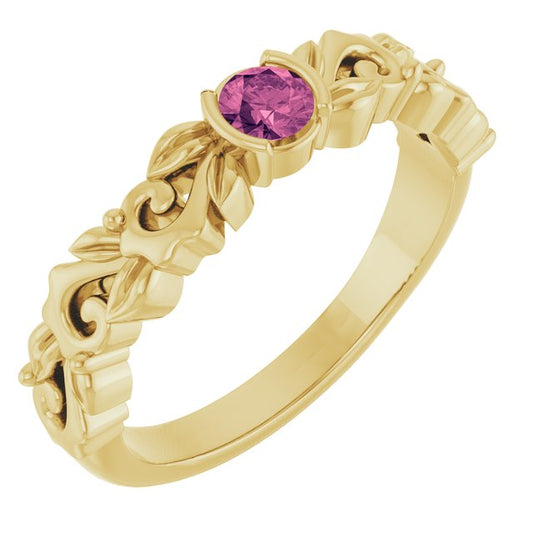 14K Yellow Gold Round 3.5 Mm Polished Natural Pink Tourmaline Half Bezel Floral Ring, Size 7