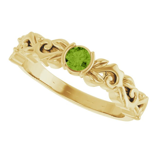 14K Yellow Gold Round 3.5 Mm Polished Natural Peridot Floral Ring, Size 7