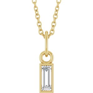 14K Yellow Gold Straight Baguette 5 X 2Mm Gh Vs 1/6 Ctw Lab Grown Diamond Solitaire Necklace, Length: 18 Mm