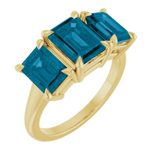 14K Yellow Gold Emerald 8 X 6 Mm Polished Natural London Blue Topaz Three-Stone Ring, Size 7