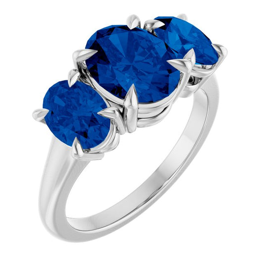 14K White Or Yellow Gold Oval 9 X 7 Mm Polished Lab-Grown Blue Sapphire Three-Stone Ring, Size 7