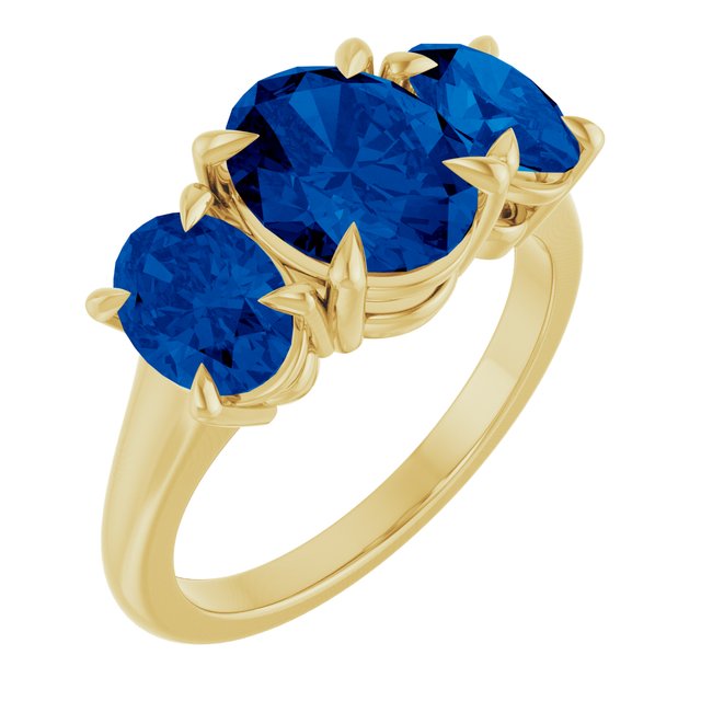14K White Or Yellow Gold Oval 9 X 7 Mm Polished Lab-Grown Blue Sapphire Three-Stone Ring, Size 7