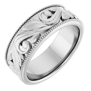 14K Yellow Or White Or Rose Gold Or Sterling Silver Or Platinum Milgrain Edge Floral Flat Band