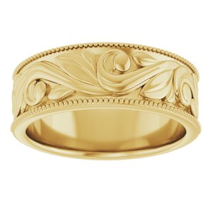 14K Yellow Or White Or Rose Gold Or Sterling Silver Or Platinum Milgrain Edge Floral Flat Band
