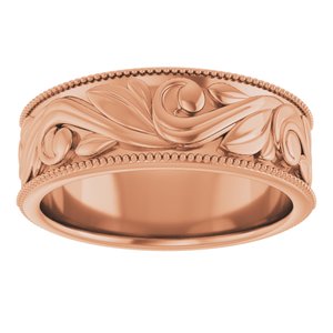 14K Yellow Or White Or Rose Gold Or Sterling Silver Or Platinum Milgrain Edge Floral Flat Band