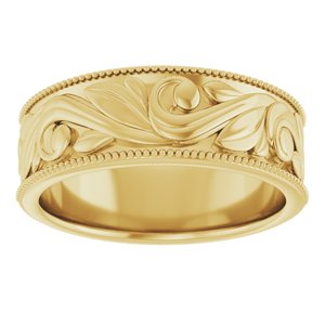 14K Yellow Or White Or Rose Gold Or Sterling Silver Or Platinum Milgrain Edge Floral Flat Band