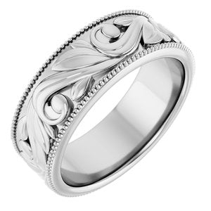 14K Yellow Or White Or Rose Gold Or Sterling Silver Or Platinum Milgrain Edge Floral Flat Band