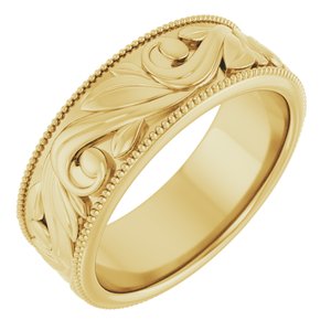 14K Yellow Or White Or Rose Gold Or Sterling Silver Or Platinum Milgrain Edge Floral Flat Band