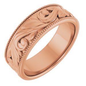 14K Yellow Or White Or Rose Gold Or Sterling Silver Or Platinum Milgrain Edge Floral Flat Band