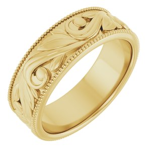 14K Yellow Or White Or Rose Gold Or Sterling Silver Or Platinum Milgrain Edge Floral Flat Band