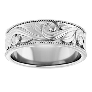 14K Yellow Or White Or Rose Gold Or Sterling Silver Or Platinum Milgrain Edge Floral Flat Band