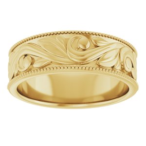14K Yellow Or White Or Rose Gold Or Sterling Silver Or Platinum Milgrain Edge Floral Flat Band