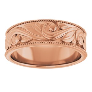 14K Yellow Or White Or Rose Gold Or Sterling Silver Or Platinum Milgrain Edge Floral Flat Band