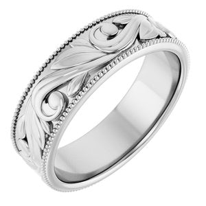 14K Yellow Or White Or Rose Gold Or Sterling Silver Or Platinum Milgrain Edge Floral Flat Band