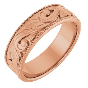 14K Yellow Or White Or Rose Gold Or Sterling Silver Or Platinum Milgrain Edge Floral Flat Band