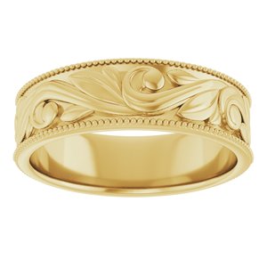 14K Yellow Or White Or Rose Gold Or Sterling Silver Or Platinum Milgrain Edge Floral Flat Band