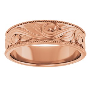 14K Yellow Or White Or Rose Gold Or Sterling Silver Or Platinum Milgrain Edge Floral Flat Band