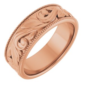 14K Yellow Or White Or Rose Gold Or Sterling Silver Or Platinum Milgrain Edge Floral Flat Band