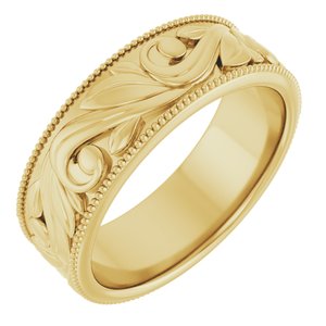 14K Yellow Or White Or Rose Gold Or Sterling Silver Or Platinum Milgrain Edge Floral Flat Band