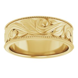 14K Yellow Or White Or Rose Gold Or Sterling Silver Or Platinum Milgrain Edge Floral Flat Band
