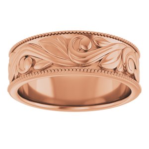 14K Yellow Or White Or Rose Gold Or Sterling Silver Or Platinum Milgrain Edge Floral Flat Band