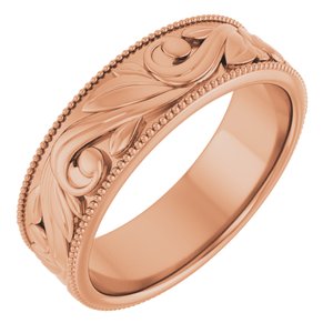 14K Yellow Or White Or Rose Gold Or Sterling Silver Or Platinum Milgrain Edge Floral Flat Band