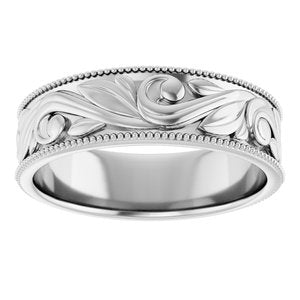 14K Yellow Or White Or Rose Gold Or Sterling Silver Or Platinum Milgrain Edge Floral Flat Band