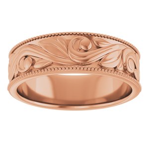 14K Yellow Or White Or Rose Gold Or Sterling Silver Or Platinum Milgrain Edge Floral Flat Band