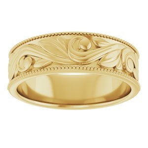14K Yellow Or White Or Rose Gold Or Sterling Silver Or Platinum Milgrain Edge Floral Flat Band