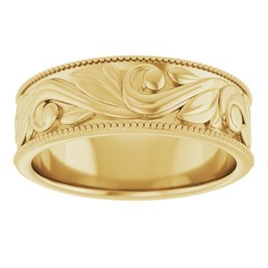 14K Yellow Or White Or Rose Gold Or Sterling Silver Or Platinum Milgrain Edge Floral Flat Band