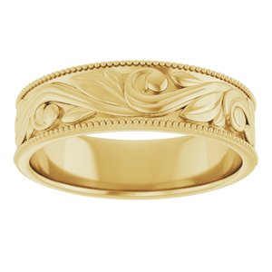 14K Yellow Or White Or Rose Gold Or Sterling Silver Or Platinum Milgrain Edge Floral Flat Band