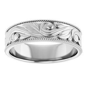 14K Yellow Or White Or Rose Gold Or Sterling Silver Or Platinum Milgrain Edge Floral Flat Band