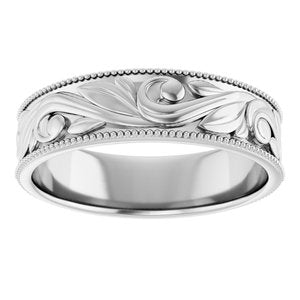 14K Yellow Or White Or Rose Gold Or Sterling Silver Or Platinum Milgrain Edge Floral Flat Band