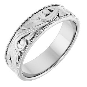 14K Yellow Or White Or Rose Gold Or Sterling Silver Or Platinum Milgrain Edge Floral Flat Band