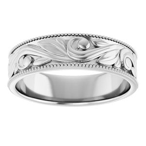 14K Yellow Or White Or Rose Gold Or Sterling Silver Or Platinum Milgrain Edge Floral Flat Band