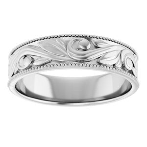 14K Yellow Or White Or Rose Gold Or Sterling Silver Or Platinum Milgrain Edge Floral Flat Band