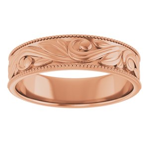 14K Yellow Or White Or Rose Gold Or Sterling Silver Or Platinum Milgrain Edge Floral Flat Band