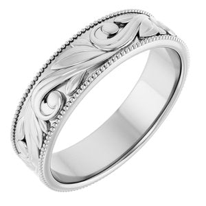 14K Yellow Or White Or Rose Gold Or Sterling Silver Or Platinum Milgrain Edge Floral Flat Band