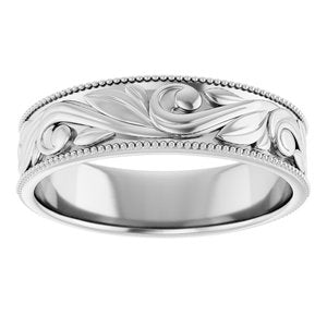 14K Yellow Or White Or Rose Gold Or Sterling Silver Or Platinum Milgrain Edge Floral Flat Band