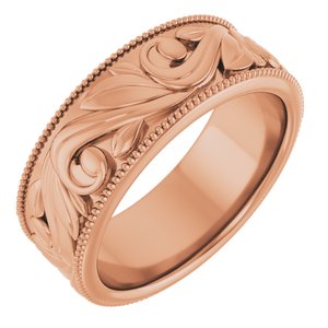 14K Yellow Or White Or Rose Gold Or Sterling Silver Or Platinum Milgrain Edge Floral Flat Band