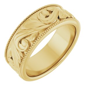 14K Yellow Or White Or Rose Gold Or Sterling Silver Or Platinum Milgrain Edge Floral Flat Band
