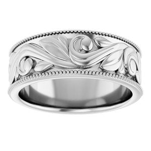 14K Yellow Or White Or Rose Gold Or Sterling Silver Or Platinum Milgrain Edge Floral Flat Band