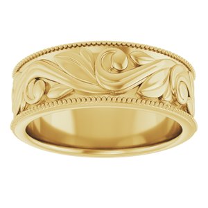 14K Yellow Or White Or Rose Gold Or Sterling Silver Or Platinum Milgrain Edge Floral Flat Band