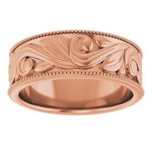 14K Yellow Or White Or Rose Gold Or Sterling Silver Or Platinum Milgrain Edge Floral Flat Band