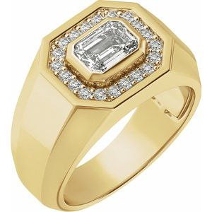 14K Yellow Gold Emerald 7 X 5 Mm Polished 1 1/4 Ctw Lab-Grown Diamond Mens Band Size 10
