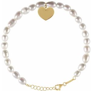 14K Yellow Gold Pearl 5-5.5 Mm  Cultured Freshwater Pearl Bracelet With Heart Dangle, Length: 8 In